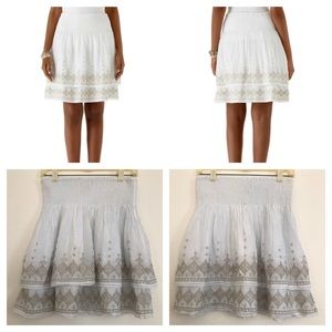 WHBM Embroidered Tiered Skirt White Gold M Cotton Silk S